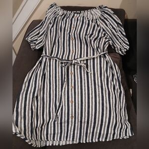 MLLE Garbrielle Navy Cream Striped Faux Button Up Belted 3X Dress (081125C)